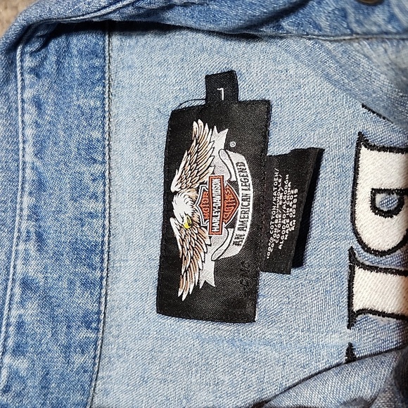 HARLEY DAVIDSON EMBROIDERED SILVER RAW-EDGE TRIBAL LOGO SNAP-BUTTON DENIM SHIRT - Picture 7 of 16